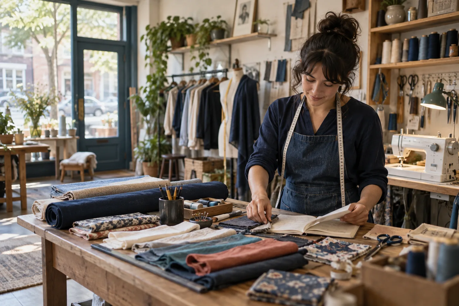An independent tailor reviewing orders and fabric samples at a worktable in a neighborhood studio