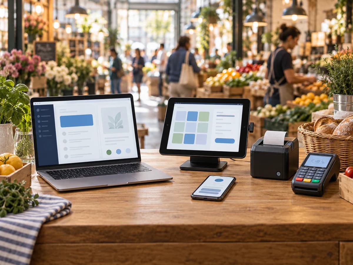 A laptop, point-of-sale tablet, phone, receipt printer, and card terminal connected at a lively neighborhood market
