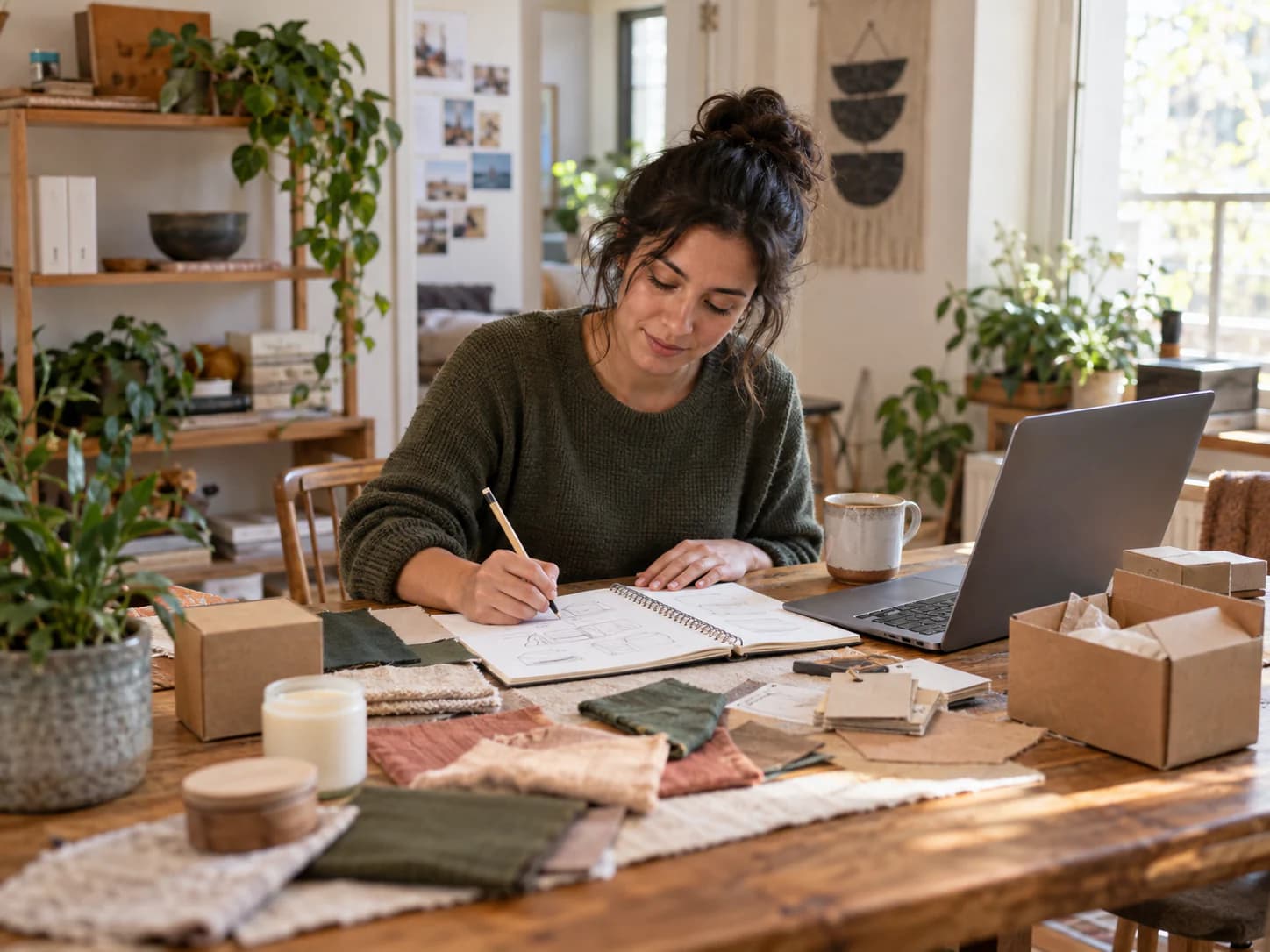 A person developing a small-business idea with a notebook, laptop, material samples, and simple packaging