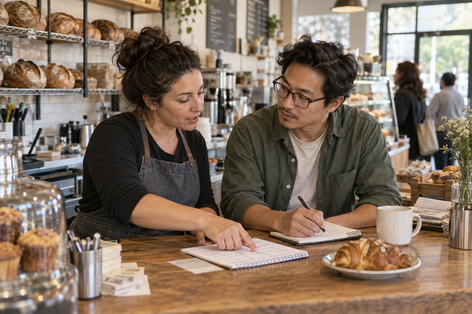 A fictional bakery owner and advisor listening to each other while reviewing handwritten workflow notes