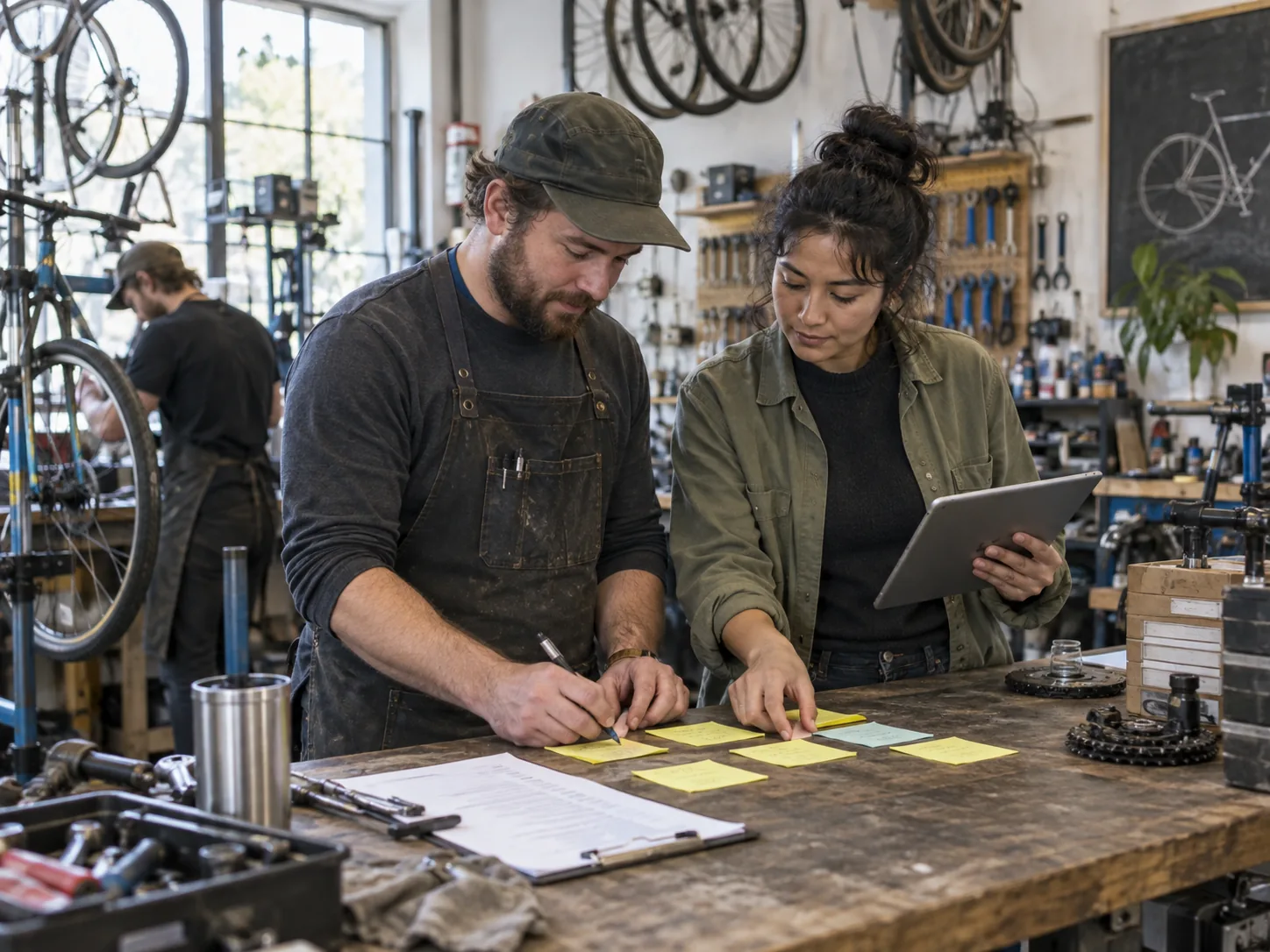 A fictional bicycle shop operator and collaborator mapping a repair workflow with notes and a tablet