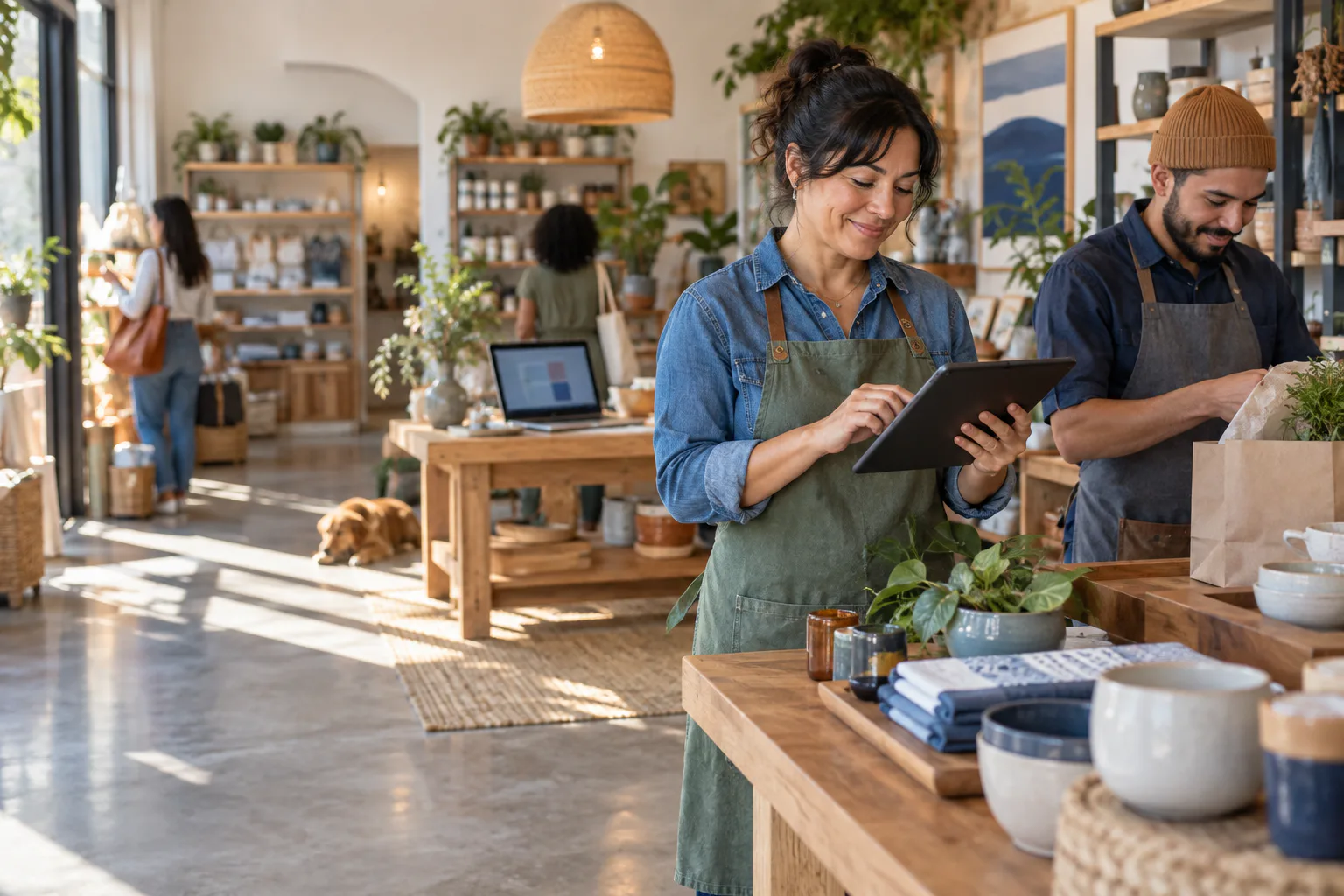 A business owner and teammate coordinating work in the same neighborhood shop.