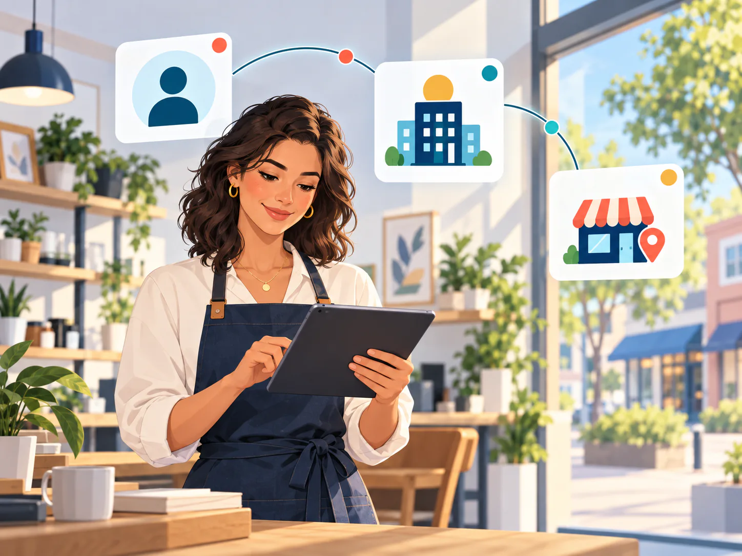 A business owner working from a tablet while connected Personal, Business, and Branch symbols show the available workspace scopes.