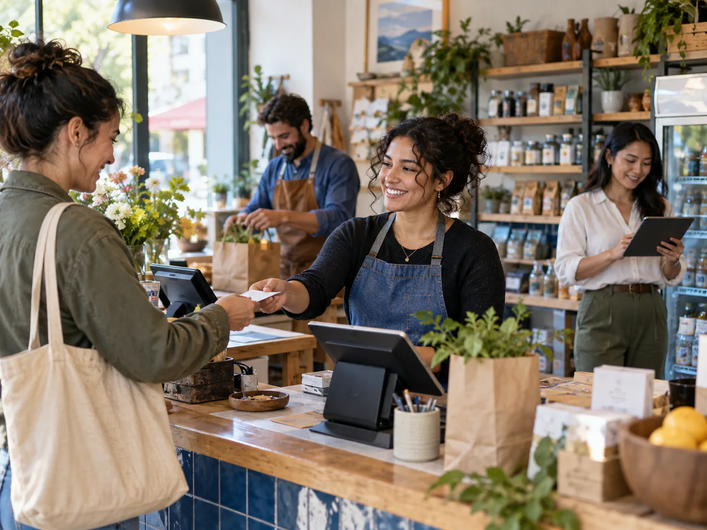 A customer, shop team, and manager coordinating a purchase and handoff in one connected business environment.
