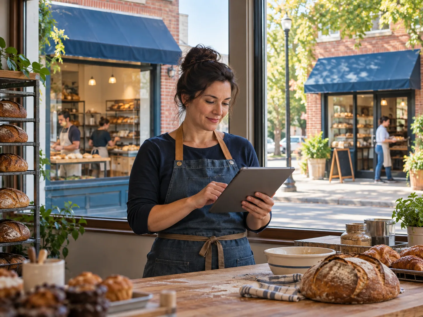 A fictional bakery owner reviewing a tablet while two related neighborhood locations remain visible nearby