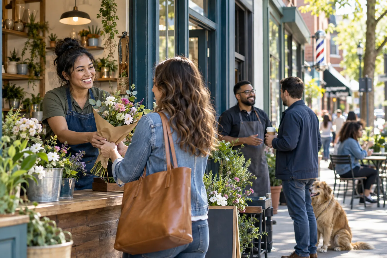 Fictional neighborhood business owners serving customers along one lively local shopping street