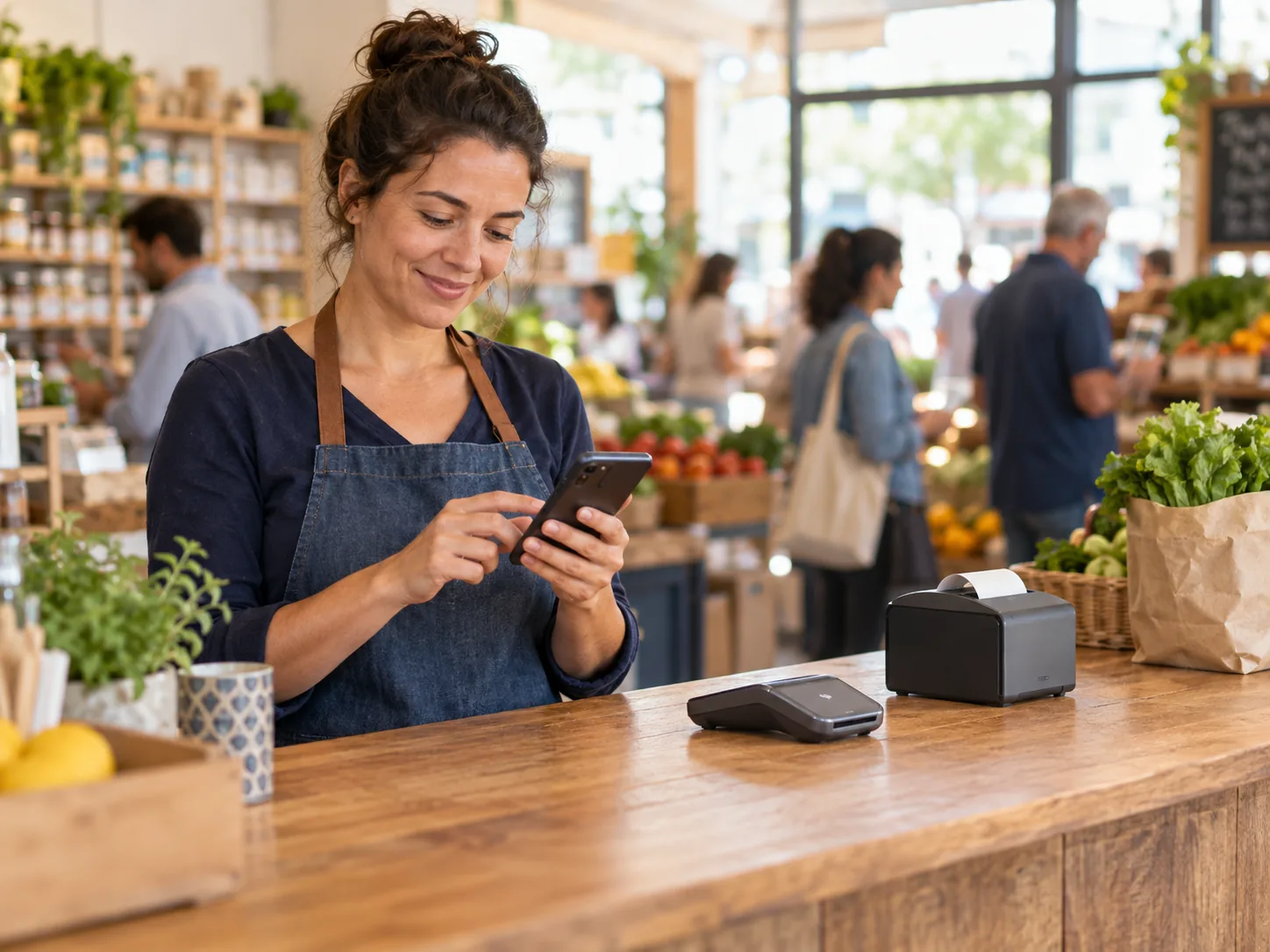 A fictional neighborhood market owner using a phone at a tidy counter while customers shop in the background