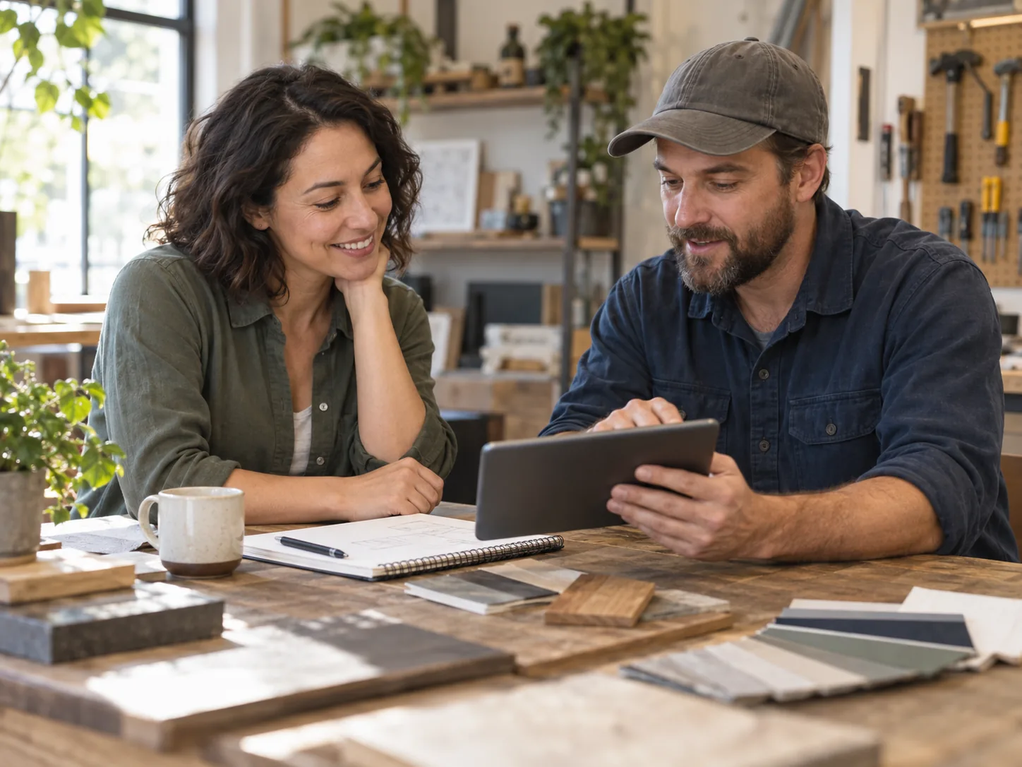 A fictional local service professional and customer reviewing plans together on a tablet in a practical studio