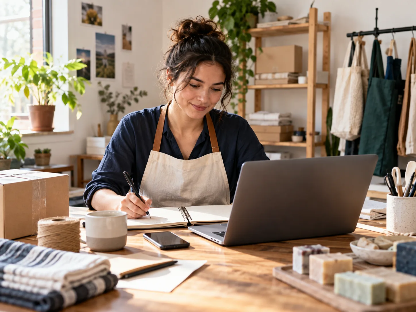 A fictional new business owner planning early routines with a notebook and laptop in a modest home studio