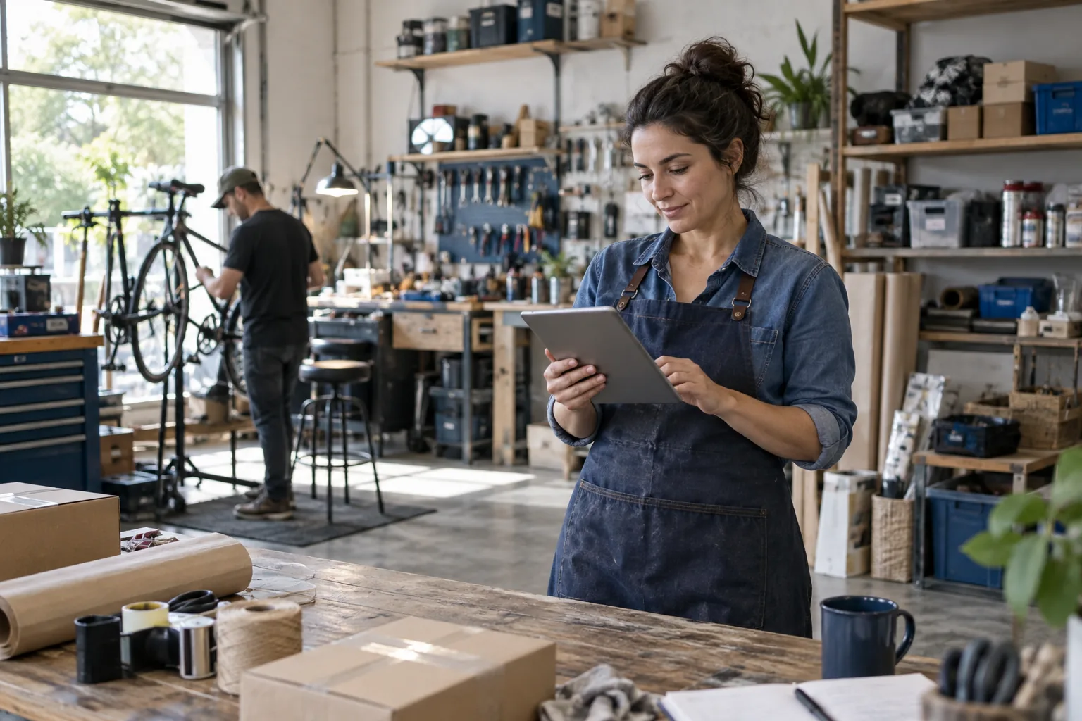 A fictional workshop owner reviewing work on a tablet while a teammate continues bicycle repair nearby